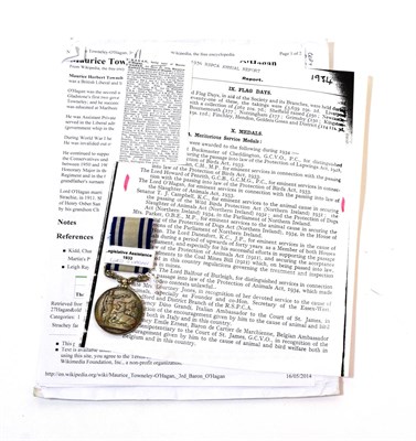 Lot 14 - An R.S.P.C.A. Medal for Meritorious Service to Animals, awarded to THE LORD O'HAGAN, together...
