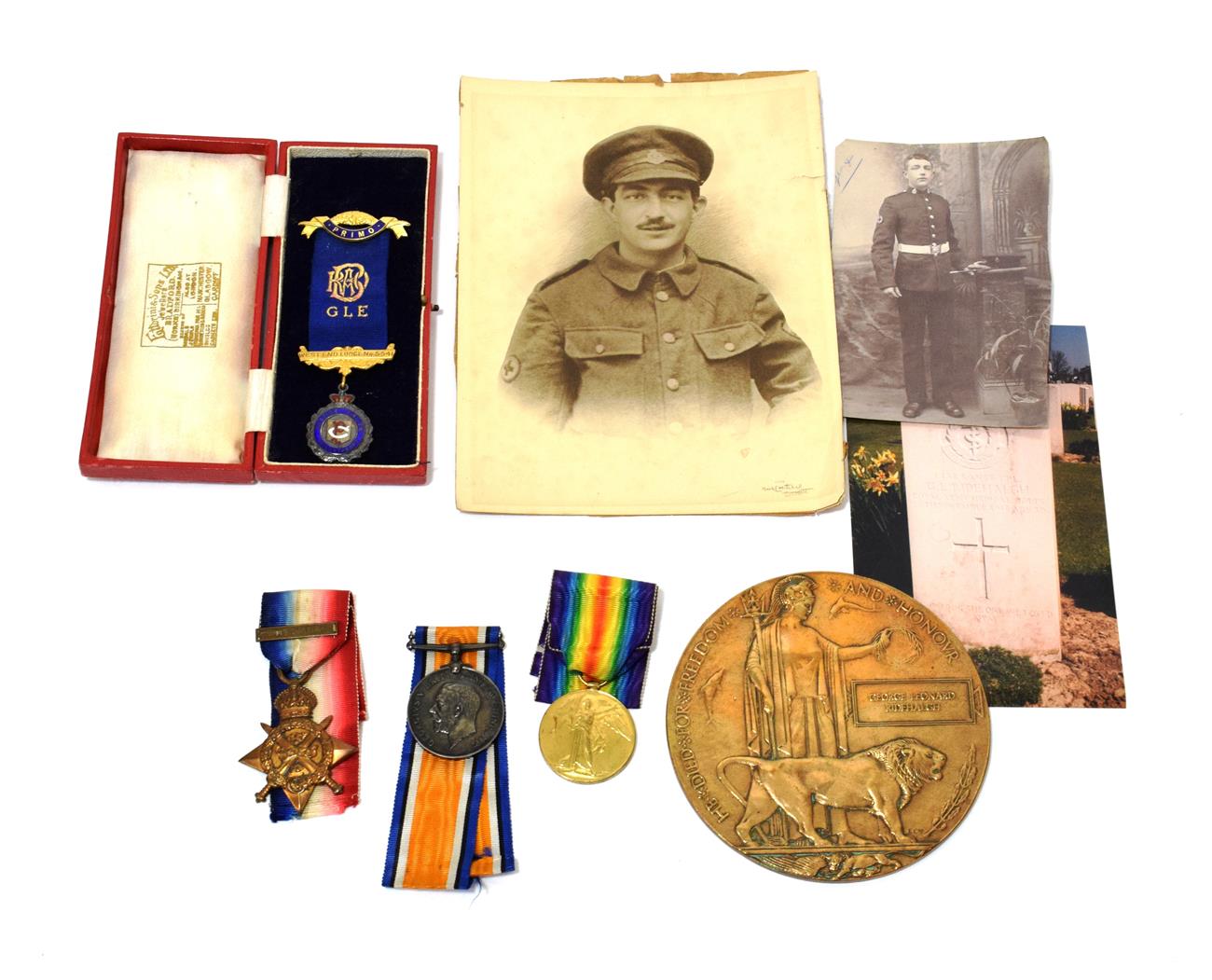 Lot 24 - A First World War ''Mons'' Trio and Memorial Plaque, the trio comprising 1914 Star with clasp...