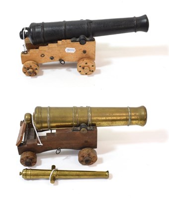 Lot 61 - A Non-working Copy of a Signal Cannon, with 32cm ringed brass barrel, on a wood carriage, 39cm;...