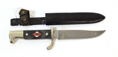 Lot 142 - A Hitler Youth 1936 Olympic Presentation Knife, one side of the 10.5cm clip point steel blade...