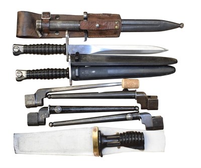 Lot 158 - A Swedish Model 1896 Knife Bayonet, with steel scabbard and leather frog; two Swiss M57 Knife...
