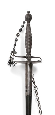 Lot 186 - A Georgian Mourning Sword, with 85cm triangular section steel blade, the bead cut steel hilt...
