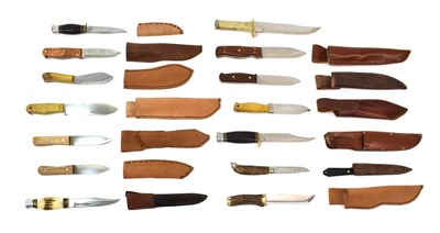 Lot 220 - A Collection of Fourteen Various Modern Hunting Knives, including nine with rivetted wood...
