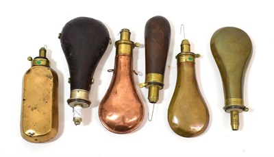 Lot 270 - A 19th Century Leather-Covered, Pear-Shaped, Nickel Silver Powder Flask, two pairs of...