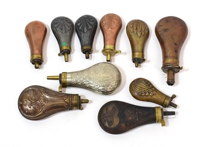 Lot 273 - Six Various Brass, Copper and Tin, Pear-Shaped, Pistol Powder Flasks, including an example by named
