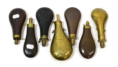 Lot 275 - Six 19th Century Plain Pear-Shaped Powder Flasks, in brass, copper and tin, including two named...