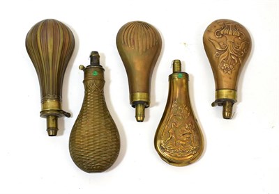 Lot 278 - Five 19th Century Brass Pear-Shaped Powder Flasks, comprising an allover-fluted example, the...