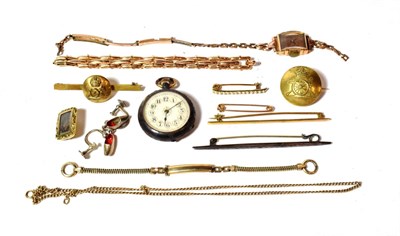 Lot 4 - An 18 carat gold ladies' wristwatch on plated strap (a.f.); a safety pin stamped '9CT'; a Victorian