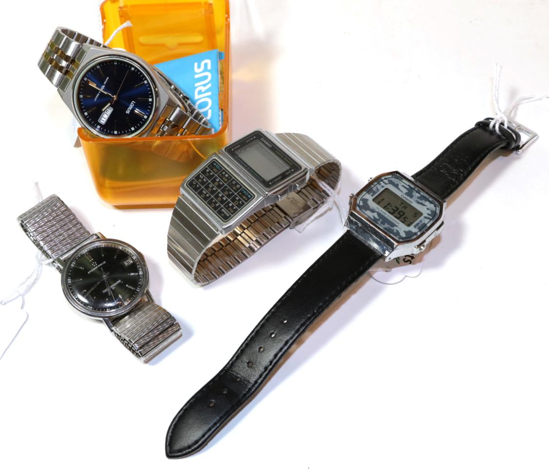 Lot 9 - Four wristwatches, to include a gents Eternamatic Centenaire, two digital Casio, and a Larus...