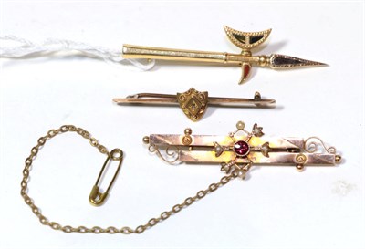Lot 12 - A 9 carat gold double row brooch, length 5.5cm; a bar brooch stamped '15CT', length 4.6cm; and...