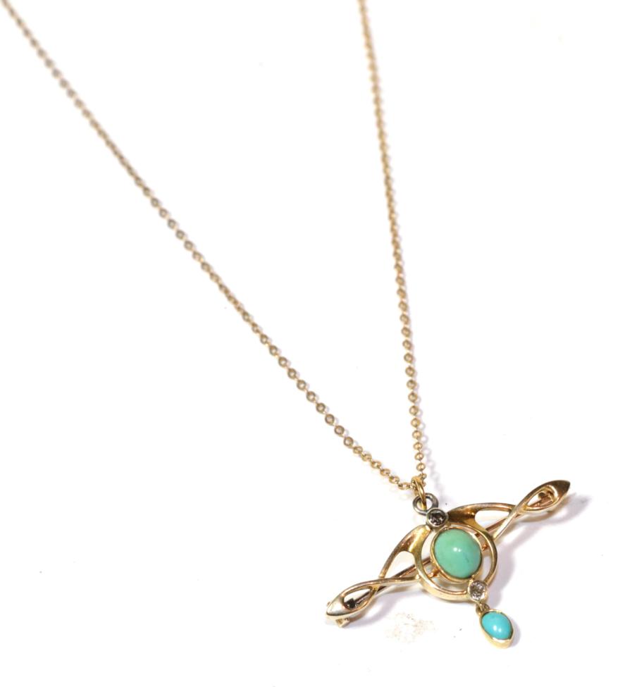 Lot 18 - An Art Nouveau turquoise and diamond pendant on chain, pendant unmarked, clasp stamped '9C',...