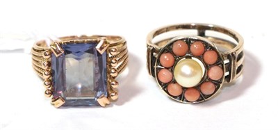 Lot 36 - A synthetic sapphire simulating alexandrite ring, stamped '14K', finger size L1/2; and a coral...