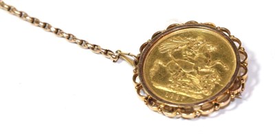 Lot 37 - A double sovereign mounted as a brooch, dated 1887, diameter 3.7cm; and a length of chain, unmarked