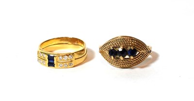 Lot 39 - A sapphire and diamond ring, unmarked, out of shape (one diamond deficient); and a 9 carat gold...
