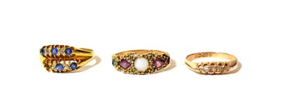 Lot 43 - A 15 carat gold diamond five stone ring, finger size N; a 15 carat gold gem set ring, finger...