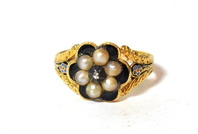 Lot 44 - A Georgian 18 carat gold enamel and seed pearl mourning ring, finger size Q
