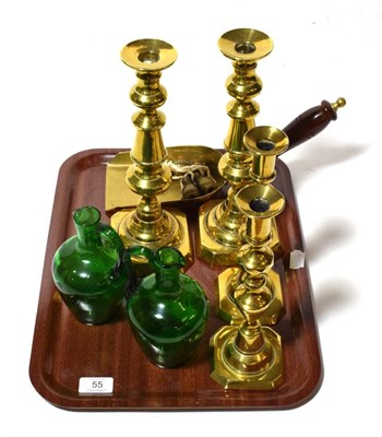 Lot 55 - A pair of 19th century Mary Gregory green glass bottles, four brass candlesticks, a coal shovel and
