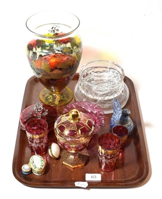 Lot 63 - A collection of mostly cranberry glasswares to include a gilt overlaid bon bon dish and three...