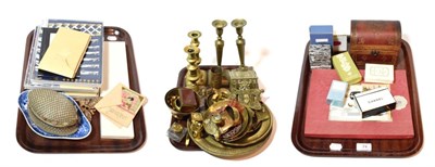 Lot 74 - Assorted brassware including pair of candlesticks, desk calendar, brass bowls, leather casket;...
