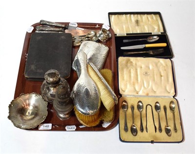Lot 148 - A collection of silver, including: a caster, by S Blanckensee & Son Ltd., Birmingham, 1928; a...