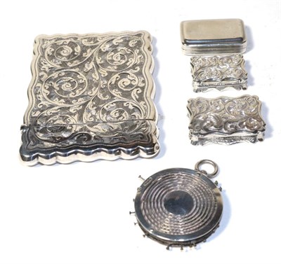 Lot 190 - Three silver vinaigrettes; a card case; and a circular pin cushion