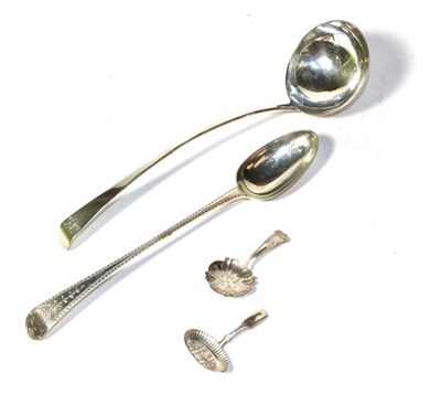 Lot 191 - A George III silver soup ladle; a basting spoon; and two caddy spoons