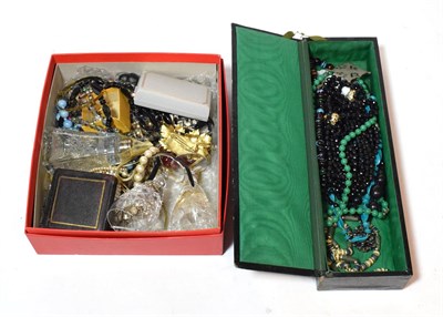 Lot 245 - A quantity of costume jewellery including beaded necklaces, wristwatches, brooches etc (two boxes)