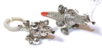 Lot 272 - Two silver mounted rattles, one with coral teether, the other with mother of pearl ring