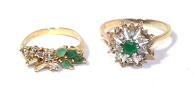 Lot 274 - An emerald and diamond cluster ring, indistinctly marked, finger size R1/2; and an emerald and...