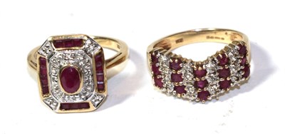 Lot 275 - A 9 carat gold octagonal ruby and diamond cluster ring, finger size P1/2; and a 9 carat gold...