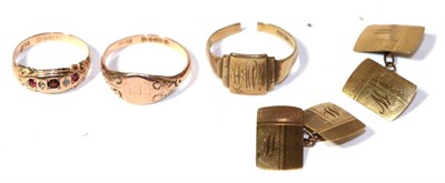 Lot 281 - A 9 carat gold signet ring, finger size U1/2; a 9 carat gold signet ring, band cut; a 9 carat...