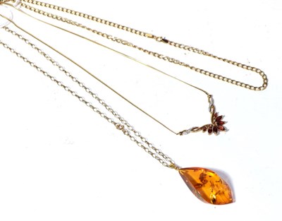 Lot 282 - A 9 carat gold gem set necklace, length 41cm; a 9 carat gold curb link necklace, length 49cm; and a