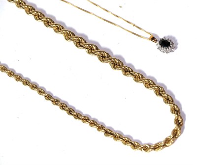 Lot 284 - A 9 carat gold rope twist chain, length 44cm; a trace link chain, stamped '750', length 44cm; and a