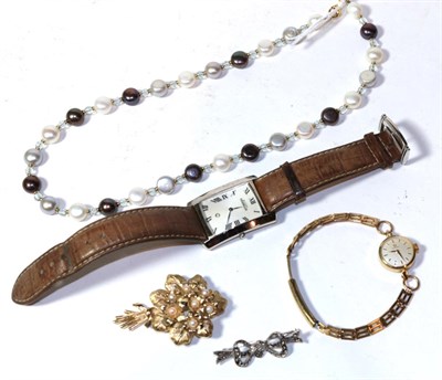 Lot 291 - A cultured pearl necklace, clasp stamped '750', length 45cm; a Michel Herbelin wristwatch; an Omega