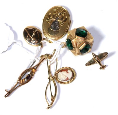 Lot 295 - Two 9 carat gold lockets; an areoplane pin, stamped '9C'; a 9 carat gold drop cameo brooch; another