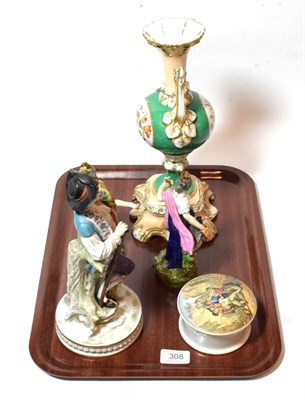 Lot 308 - Pot lid 'The Wolf and The Lamb', Naples figure, pair of figures and a Continental twin-handled vase