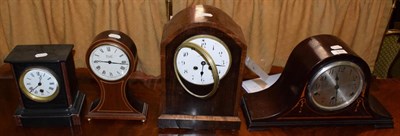 Lot 310 - Two vintage wood mantel clocks, a slate marble mantel timepiece, and a reproduction mantel...