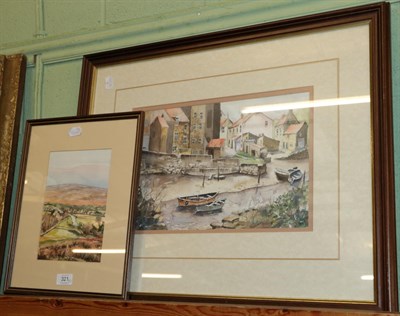 Lot 321 - Carol Fawcett (20th century) ''Staithes'', signed and inscribed, watercolour, 24.5cm by 37.5cm;...