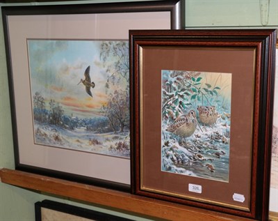 Lot 326 - Carl Donner (20th century) Woodcock in flight, signed, watercolour; together with a pair of...