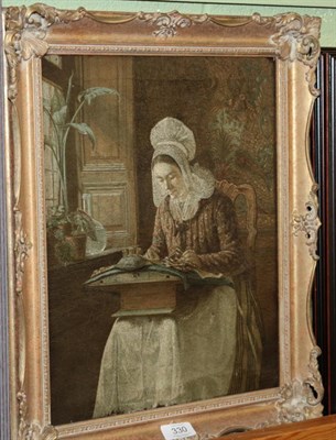 Lot 330 - Dutch School (19th century) Interior with lady in lace bonnet busy at needlework, oil on...