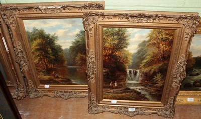 Lot 336 - Joseph Mellor (1827-1888) Two girls by a waterfall, signed, oil on canvas; together with two...