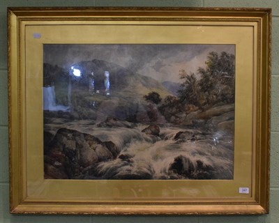 Lot 347 - F Davis (19th century), Mountainous landscape with river rapids, signed and dated 1877,...