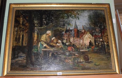 Lot 350 - Circle of Frank Brangwyn, Store holders, possibly Bruges, oil on canvas, 60cm by 90cm