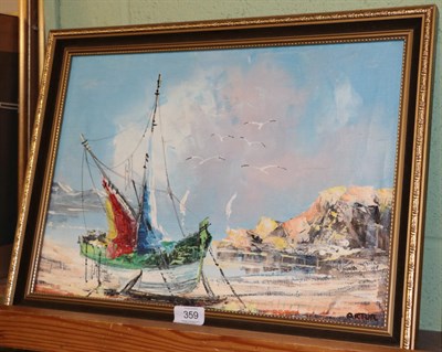 Lot 359 - ** Artour (20th century) Moored boat, oil on canvas board