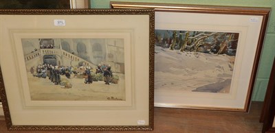 Lot 371 - Fred Lawson (1888-1968) Winter landscape, signed watercolour; together with G Priestman, Market...