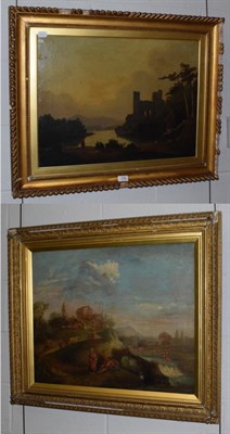 Lot 379 - Follower of Richard Wilson, Figures at rest on a riverbank beside ruins, oil on canvas;...