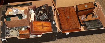 Lot 382 - A box of various item including treen, silver plate and a papier mache box bearing great exhibition