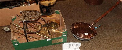 Lot 383 - A small collection of brass fire tools, and a bed warming pan and coal scuttle