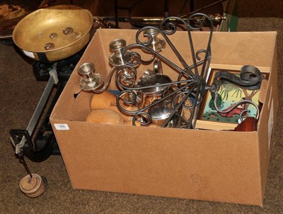 Lot 386 - A set of Wedderburn scales and weights together with a wooden barley twist candlestick, various...