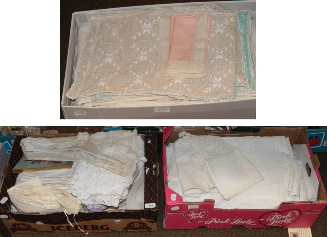 Lot 391 - Assorted white linen and cotton table cloths with cut work and insertions, Greek embroidered...